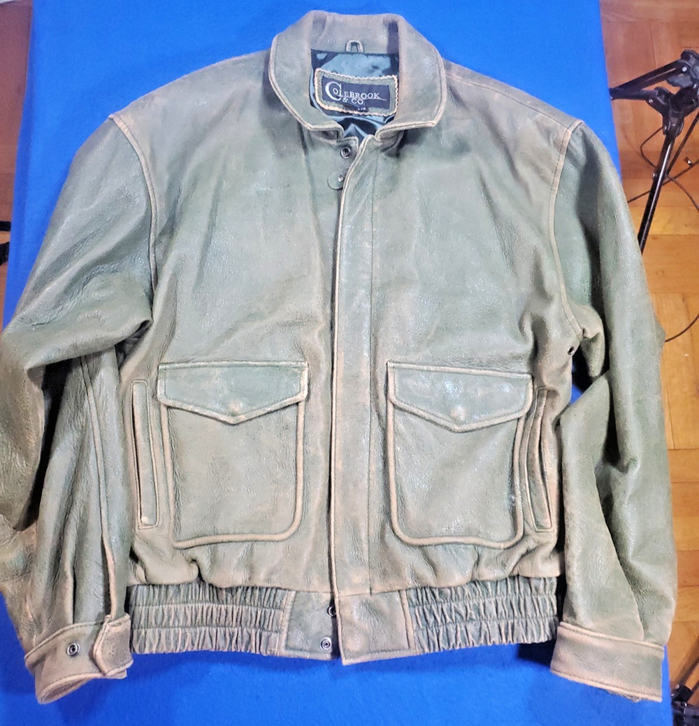 Vintage Colebrook Co Leather Jacket Flight Bomber Faded Olive Green Men Large